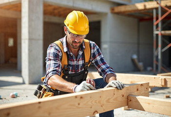 Construction worker assembling wooden beams at a building site, with safety gear and natural light.







