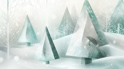 Poster - A tranquil winter forest filled with abstract geometric Christmas trees made of triangles, creating a unique and artistic display. Generative AI