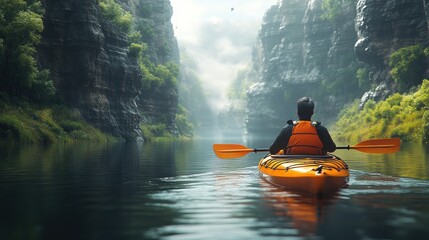 Poster - Kayaking Adventure Through Misty Canyon