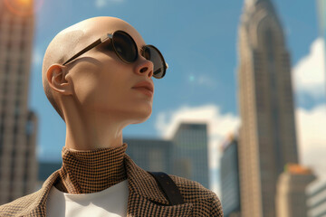 A stylish woman in sunglasses stands confidently against a backdrop of tall buildings, enjoying a bright day in the city