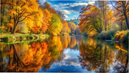 Autumn river with reflections of trees in the water