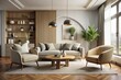 © DigitalArt Max - A sleek living room with a warm and calm atmosphere includes a curved sofa, a geometric armchair, and
