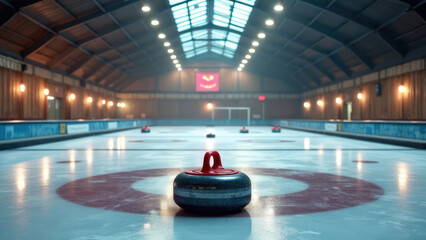 Curling stones on the ice as players prepare for a match in a historic curling rink during a sunny afternoon. Generative AI