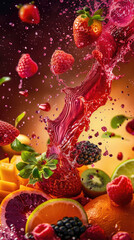 Wall Mural - Fresh strawberries, raspberries, and other fruits create a vibrant splash as juices burst in a captivating display of color and texture