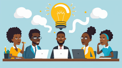 Wall Mural - A group of five diverse professionals engages in a brainstorming session, exchanging ideas around a table with laptops and a light bulb above