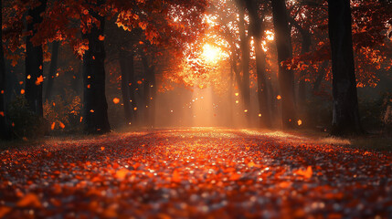 Tree lined curved road in rural Vermont on a foggy afternoon in Autumn with brilliant fall colors of red orange and yellow leaves showing on the trees and covering the path