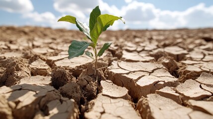 Cracked dry soil with a single wilted plant struggling to survive