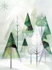 Poster - Geometric shapes form Christmas trees standing tall in a tranquil winter forest, nestled among a blanket of snow and icy details. Generative AI