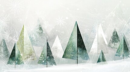 Poster - Abstract Christmas trees made of triangles fill a winter forest, showcasing varying sizes and shapes under a soft, snowy landscape. Generative AI