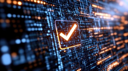 Digital check mark icon glowing in front of a dark digital background