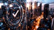 © MarkFinal - Digital check mark on a transparent interface with a blurred cityscape background