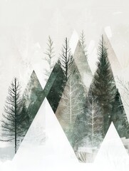 Poster - The landscape features unique Christmas trees crafted from abstract geometric shapes, creating a serene winter atmosphere in the forest. Generative AI