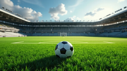 A close-up of a soccer ball on vibrant green grass in an empty stadium during a sunny afternoon under a clear blue sky. Generative AI