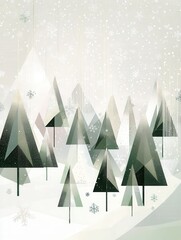 Poster - Vibrant triangular Christmas trees create a whimsical winter forest, adorned with snowflakes under a serene snowfall backdrop. Generative AI