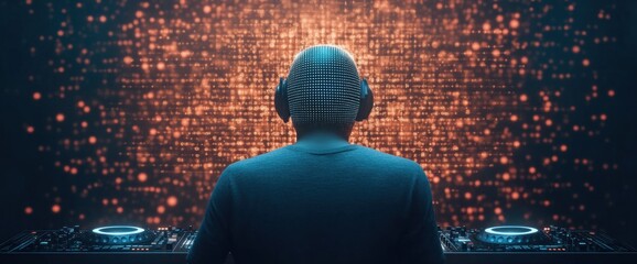 A man is sitting in front of a computer monitor with a lot of dots on it