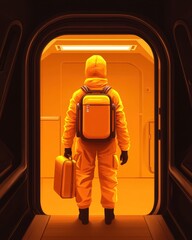 A traveler in a futuristic setting, wearing a bright yellow suit and carrying a suitcase, ready for adventure in an orange-hued space.