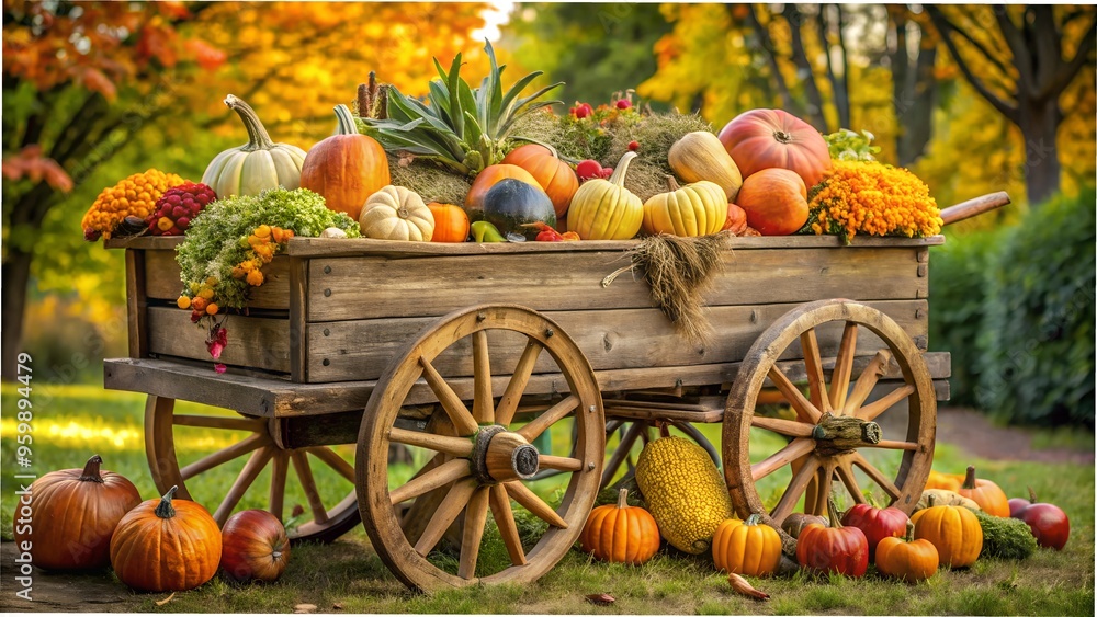Rustic wagon filled with autumn harvest Stock Photo | Adobe Stock