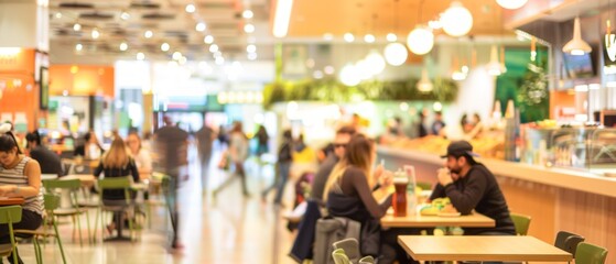 Wall Mural - The bustling food court in a shopping center teems with diners and social activity. Green chairs, pink sofas, and a garden backdrop create a vibrant, inviting atmosphere for work and leisure.