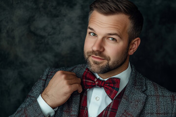 Portrait of stylish and smiling young man exuding happiness, confidence, and positive energy in professional studio setup background, showcasing modern fashion and charismatic personality