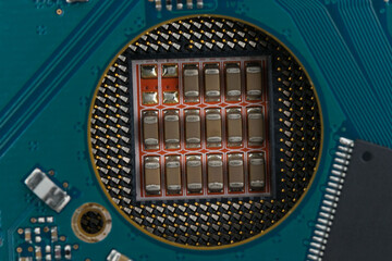 Blue microchip, close-up, top view