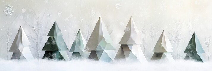 Poster - The serene winter forest features abstract geometric trees in various sizes, blending harmoniously with the snowy background. Generative AI