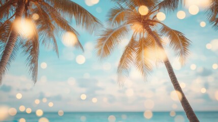 Canvas Print - Hazy sea and sky, twinkling light bokeh, whispering palms, summer vacation feel, relaxed mood.