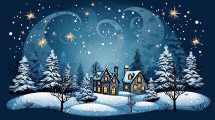 Snowy winter night at a cozy cottage surrounded by pine trees and twinkling stars in the sky