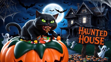 Wall Mural -  3D rendered image depicting a Halloween concept, featuring a plump black cat sitting atop a massive, orange pumpkin  as it devours candies and Haunted House in background