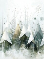 Poster - A collection of Christmas trees made from abstract triangles fills the winter forest landscape, creating a peaceful and festive atmosphere. Generative AI