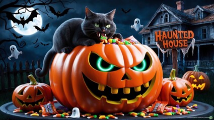 Wall Mural -  3D rendered image depicting a Halloween concept, featuring a plump black cat sitting atop a massive, orange pumpkin  as it devours candies and Haunted House in background