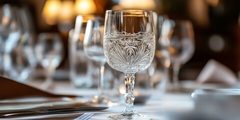 Wall Mural - A crystal glass sits on a table with other glasses.