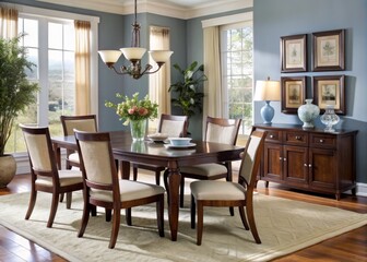 Sophisticated dark wood table features a stylish butterfly extension leaf, surrounded by matching chairs and a refined