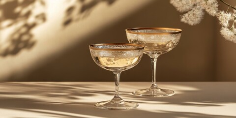 Sticker - Two ornate champagne glasses on table with shadows.