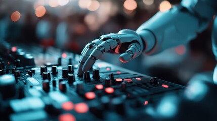 A robotic hand intricately operating a DJ console with glowing buttons in a dimly lit environment, merging futuristic technology with the artistry of music mixing and dynamic light effects.