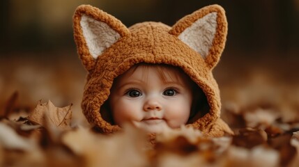 A cute baby wearing a brown knitted fox hat peeks through autumn leaves, capturing a moment of innocence, wonder, and the beauty of nature outdoors during the fall season.