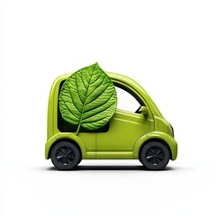 A cute green electric vehicle featuring a large leaf, symbolizing eco-friendly transportation and sustainable living.