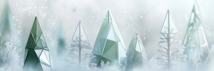 Poster - Geometric Christmas trees with triangular shapes rise from a snowy forest, creating a magical winter atmosphere. Generative AI