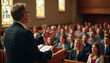 © abu - Preacher delivering a Gospel message passionately from the pulpit in a warm church setting.