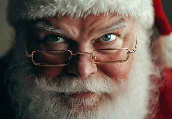 Wall Mural - Close-up portrait of an angry Santa Claus wearing glasses, looking straight into the camera, with soft lighting