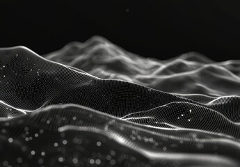 Wall Mural - Waves with particles on a black background. Futuristic background with low poly spheres. Design for posters, covers, banners, placards.