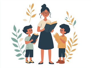 A woman reads a book to two children on a white background with plants.  Teacher's Day.  Friendship, development, education