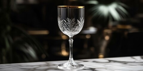 Poster - Crystal wine glass with gold rim on marble table.