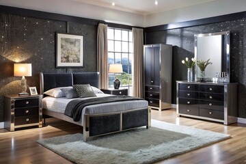 Elegant black bedroom furniture gets a touch of luxury with glittering accents, adding a playful twist to the