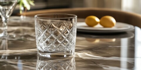 Wall Mural - Cut-glass tumbler on marble surface with lemons.