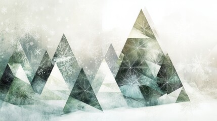 Poster - Delicate geometric shapes create a winter wonderland with Christmas trees of differing sizes in a serene snowy forest setting. Generative AI