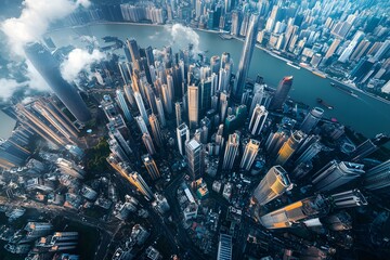 Aerial View of a Modern City with Skyscrapers and a River