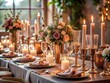 © Achiraya - An Elegant Wedding Table Decorated With Rose Gold Candles, Vases, And Tableware, Creating A Luxurious And Romantic Ambiance.
