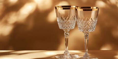 Poster - Two crystal glasses with gold rims on a tan surface.