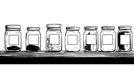 Wall Mural - Row of glass jars with labels indicating various ingredients displayed on a wooden shelf