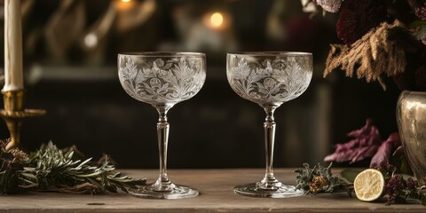 Wall Mural - Two etched glasses, a lime, and dried flowers.